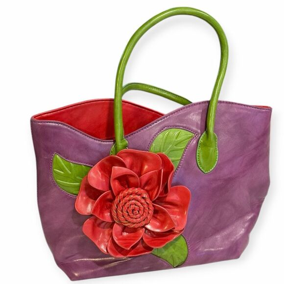 3D FLORAL Purple Red Green Leather Tote Shoulder Bag - Picture 2 of 6